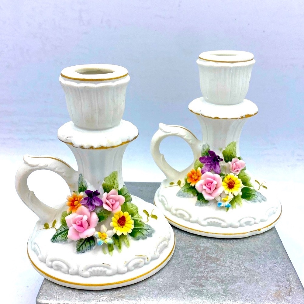 Lefton Vintage Chamber Candlestick Holders Set Of 2 Hand Painted Floral Design